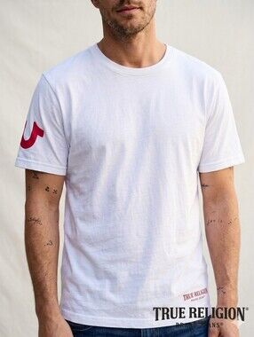 True Religion White Short-Sleeve Crew Tee with Red Logo Size-XL